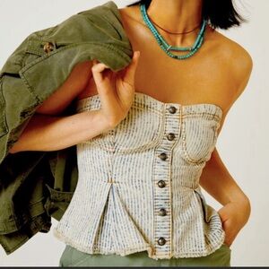Anthropologie Pilcro Denim Peplum Corset Top Faux Button Raw Hem Blue Stripe XS